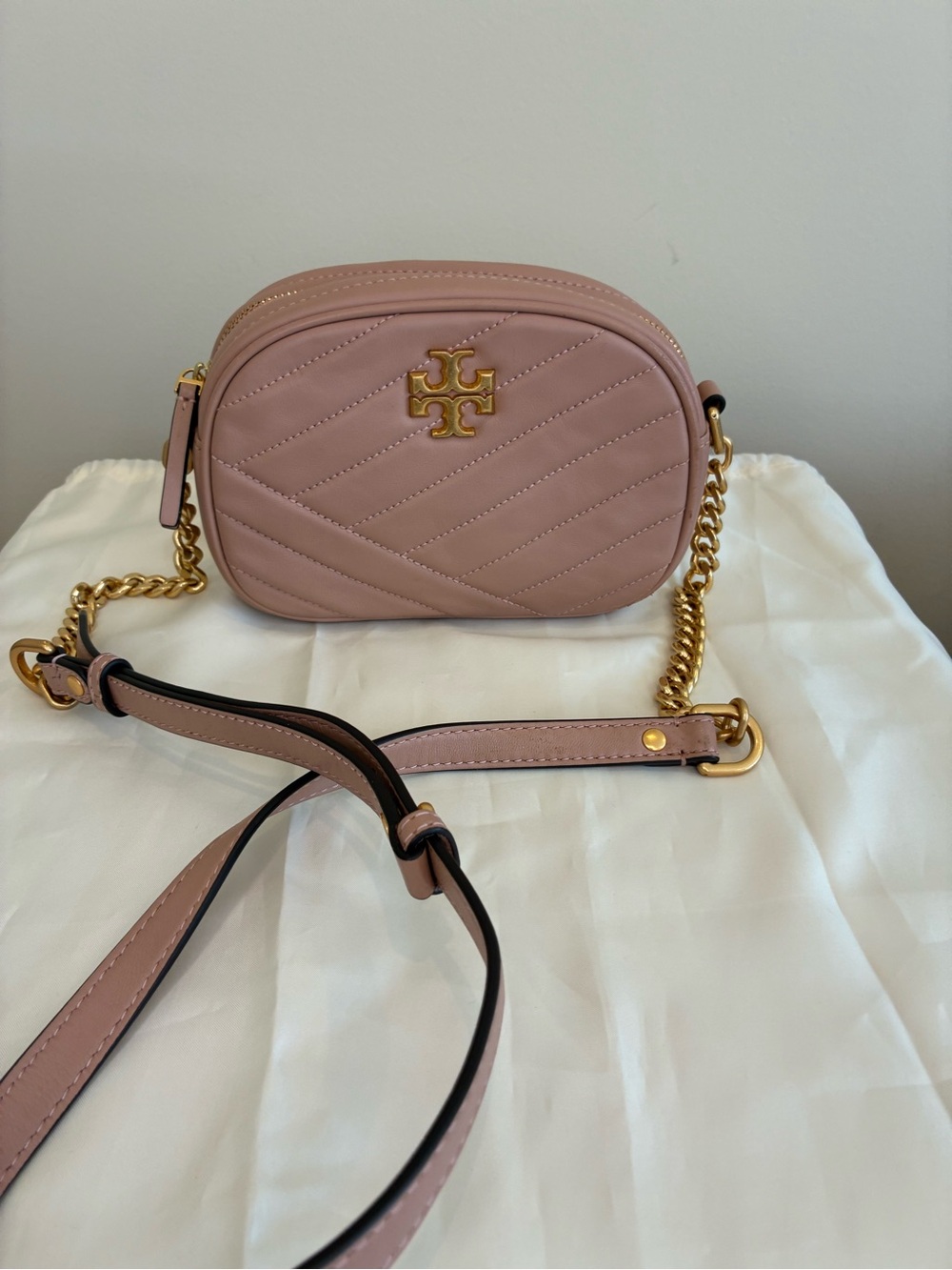Tory Burch Kira Chevron Small Camera Bag Blush Pink Leather Crossbody